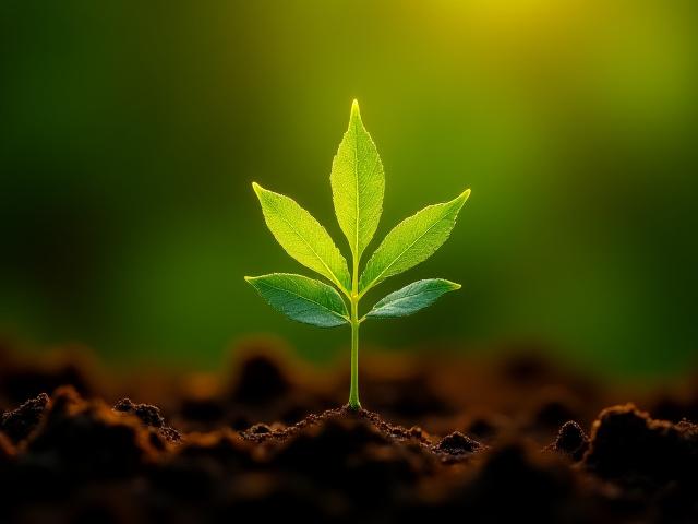 A small, vibrant green sapling growing from fertile soil, symbolizing growth and potential.